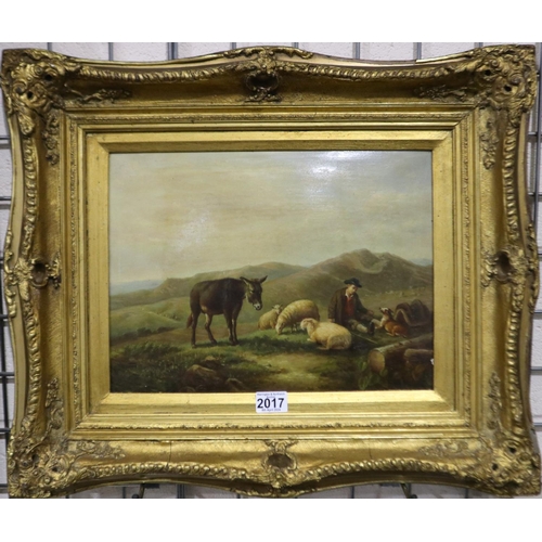 2017 - 19th century English school oil on panel, resting shepherd boy with sheep, dog and a donkey, 40 x 30... 