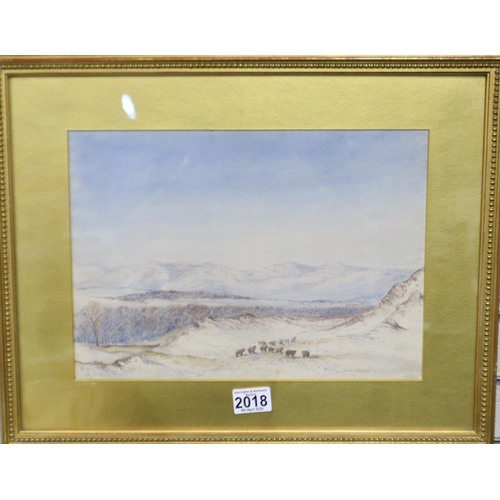 2018 - Early 20th century English school watercolour, snow-capped Welsh hills with sheep, initialed RHE and... 