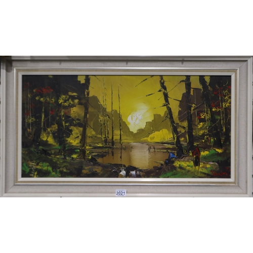 2021 - George Richard Deakins (1911-1981): impasto oil on board, figural lakeside scene, 79 x 39 cm. UK P&P... 