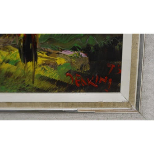 2021 - George Richard Deakins (1911-1981): impasto oil on board, figural lakeside scene, 79 x 39 cm. UK P&P... 