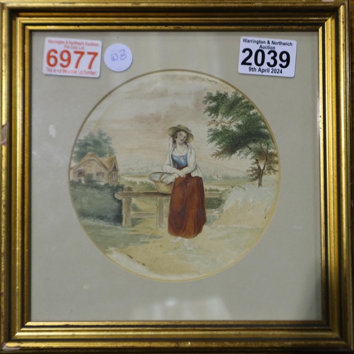 2039 - 19th century watercolour, lady with a basket, unsigned, D: 14 cm. Not available for in-house P&P