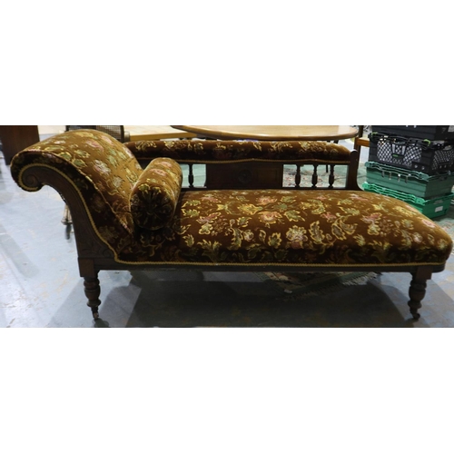 2057 - Victorian oak framed chaise lounge with four turned supports and scrolling rest, L: 180 cm. Not avai... 