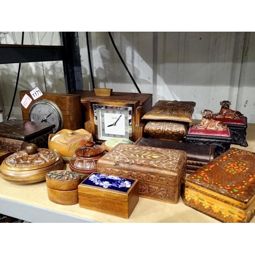 1171 - Quantity of wooden boxes with a wooden barometer and clock. Not available for in-house P&P