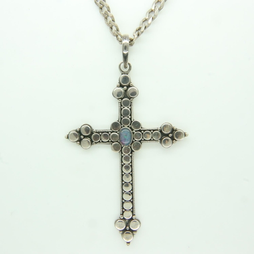 111 - Shakti 925 silver cross with black opal necklace, pendant H: 70 mm, L: 50 cm, 28g. UK P&P Group 1 (£... 