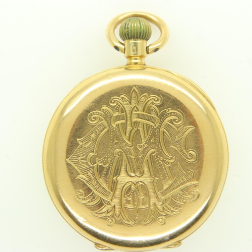 114 - 18ct gold fob watch with 18ct gold dust cover, working at lotting, 36.2g. UK P&P Group 1 (£16+VAT fo... 