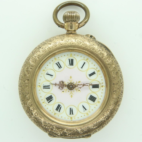 115 - 14ct gold fob watch with decoration verso, not working at lotting, total 29.7g. UK P&P Group 1 (£16+... 