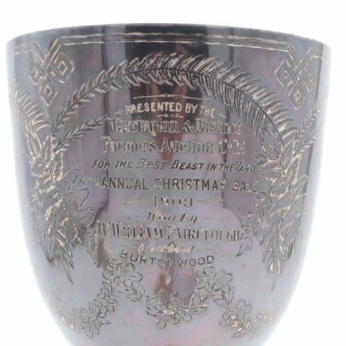 147 - Hallmarked silver trophy goblet, Warrington Farmers Auction, Best Beast in the Yard, Christmas 1909,... 