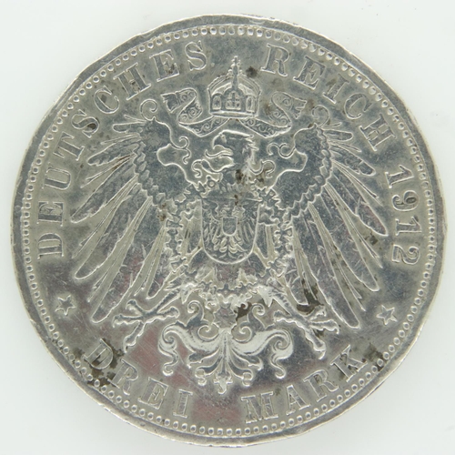 190 - Silver Deutsches Reich 1912 Drei mark coin. UK P&P Group 1 (£16+VAT for the first lot and £2+VAT for... 