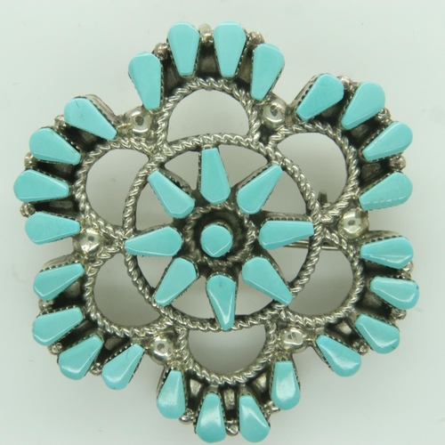 95 - V Halusewa Silver Brooch inset with turquoise, coral L: 35 mm. UK P&P Group 0 (£6+VAT for the first ... 