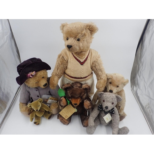 2062 - Six bears from Merrythought, Hermann, Three's Company, Thread bare and similar with tags attached, s... 