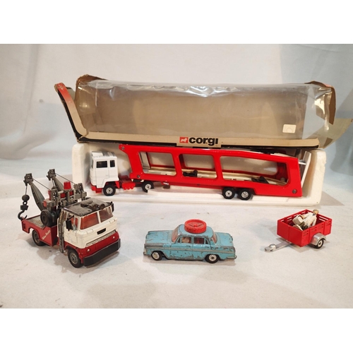 2420 - Corgi Toys 1170 car transporter, near mint, box poor, plus Holmes Wrecker, Austin A60 driving school... 