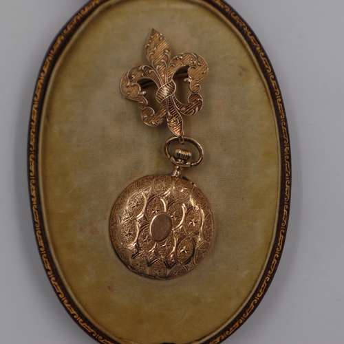 179 - 14ct gold fob watch and hanger for the St Louis World Fair 1904 in a fitted case. UK P&P Group 1 (£1... 