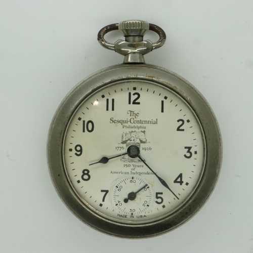 183 - Chrome Sesqui-Centennial crown wind pocket watch for the 1926 Philadelphia exposition. UK P&P Group ... 