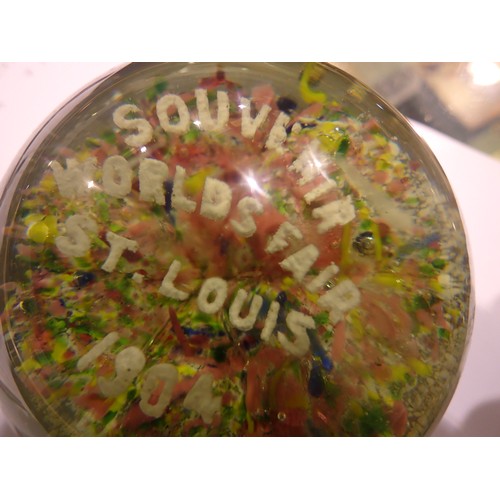 184 - Circular glass paperweight for the St Louis Worlds fair 1904. Wear to base, some scratches to top, n... 