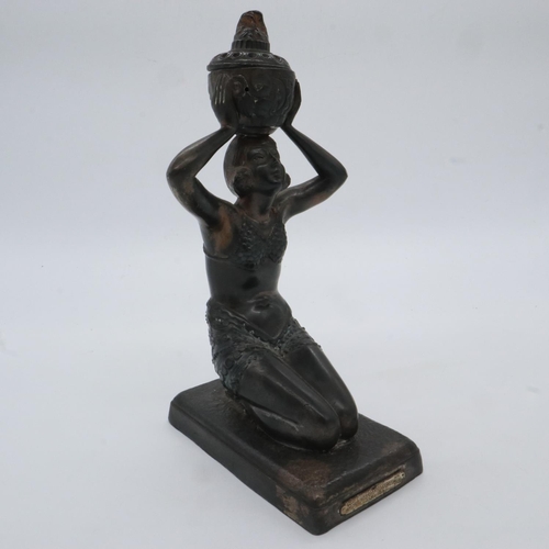 189 - Spelter kneeling deity with plaque for the 1931 Paris Exposition Colonials, H: 29 cm. UK P&P Group 2... 