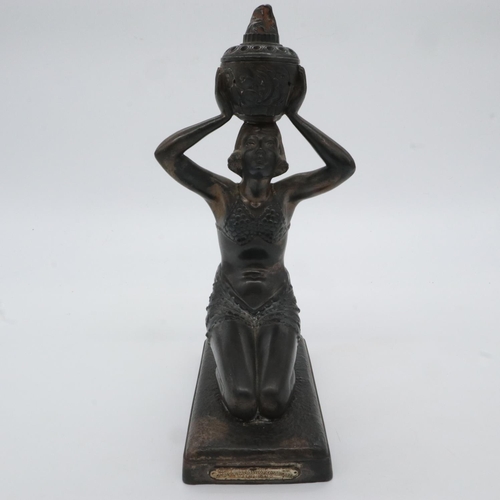 189 - Spelter kneeling deity with plaque for the 1931 Paris Exposition Colonials, H: 29 cm. UK P&P Group 2... 