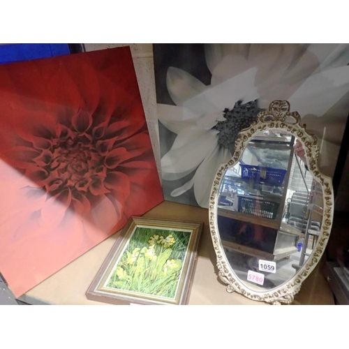 1059 - Two framed canvases, an original oil and a mirror, largest H: 57 cm, L: 57 cm. Not available for in-... 