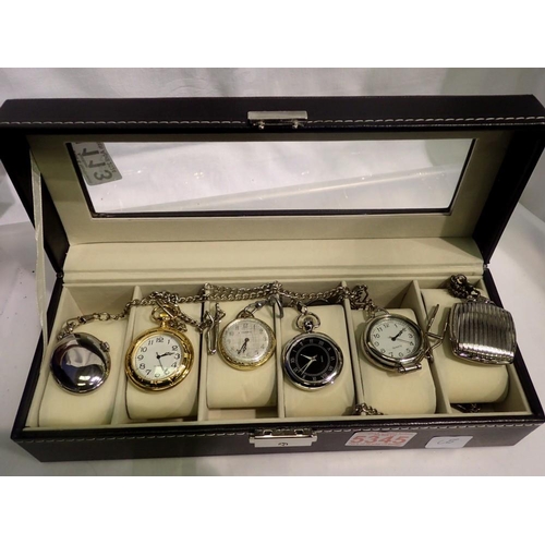 1113 - Watch display case containing six pocket watches, all working at lotting up. UK P&P Group 2 (£20+VAT... 