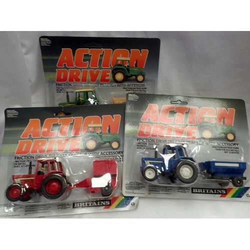 1156 - Britains Action Drive 3 carded diecast models by Britains, appearing in excellent condition on VG ca... 