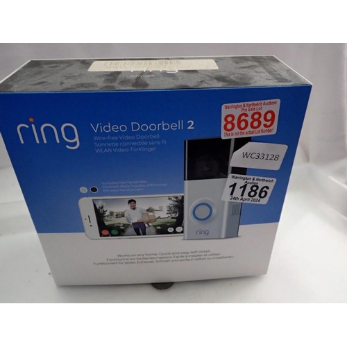 1186 - Ring video doorbell 2, boxed, appears complete. Not available for in-house P&P