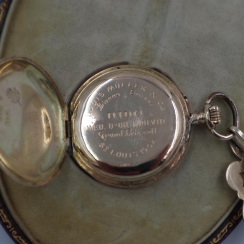 179 - 14ct gold fob watch and hanger for the St Louis World Fair 1904 in a fitted case. UK P&P Group 1 (£1... 