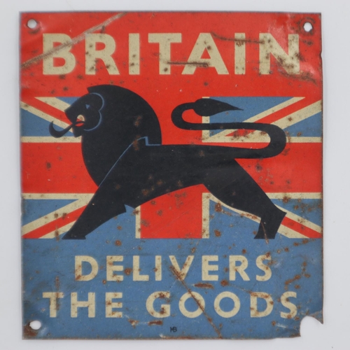 181 - Square Britain Delivers the Goods tin plaque, 1924 exposition, L: 90 mm. UK P&P Group 1 (£16+VAT for... 