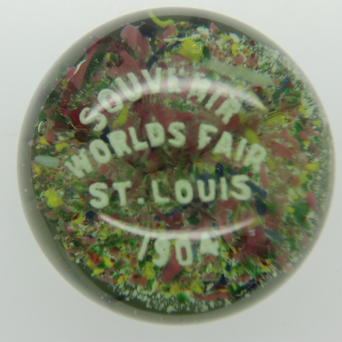 184 - Circular glass paperweight for the St Louis Worlds fair 1904. Wear to base, some scratches to top, n... 