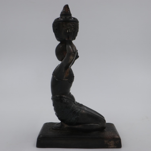 189 - Spelter kneeling deity with plaque for the 1931 Paris Exposition Colonials, H: 29 cm. UK P&P Group 2... 