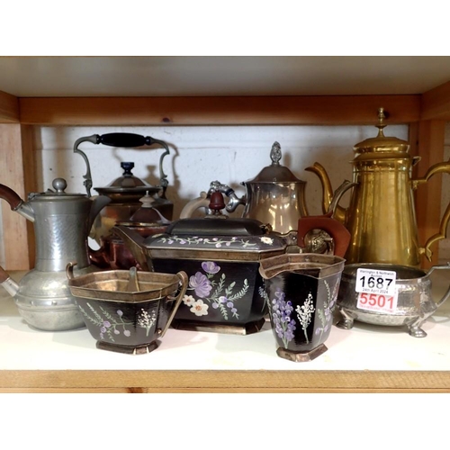 1687 - Shelf of mixed metal ware to include copper brass and pewter etc. Not available for in-house P&P