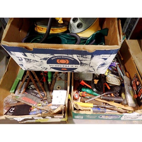 1996B - Three boxes of mixed hand tools and garage items to include two air pumps and air bed. Not available... 