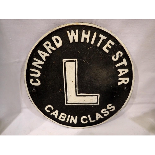 1713B - Cast iron sign, Cunard White star, D: 25 cm. Not available for in-house P&P