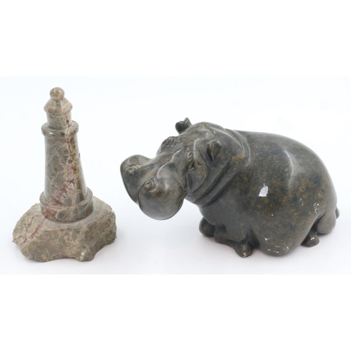 403 - Large figurine of a hippopotamus with another granite lighthouse, largest L: 18 cm. UK P&P Group 2 (... 