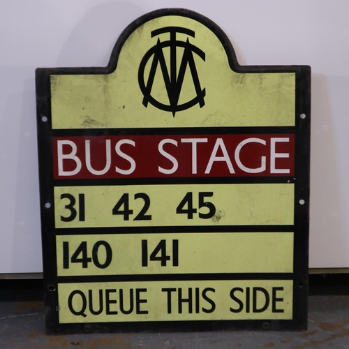 406 - Manchester corporation transport bus stop sign, 31, 42 and 45 main stop numbers, H: 58 cm.  Not avai... 