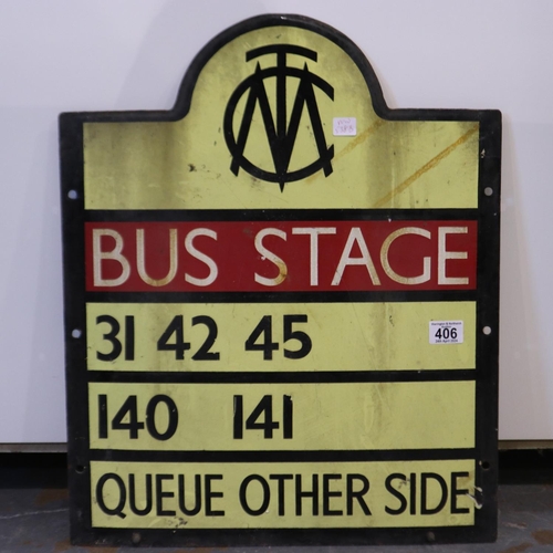 406 - Manchester corporation transport bus stop sign, 31, 42 and 45 main stop numbers, H: 58 cm.  Not avai... 