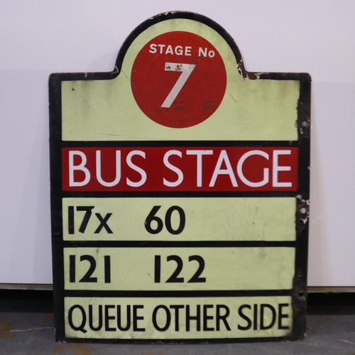 407 - Manchester corporation transport bus stop sign, 17x and 60 main stop numbers, H: 58 cm.  Not availab... 