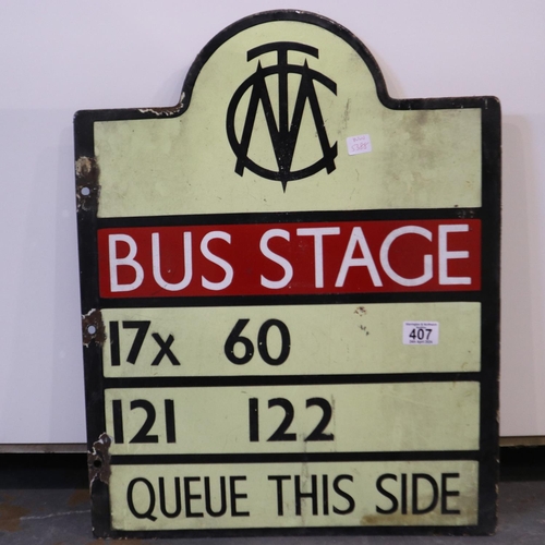 407 - Manchester corporation transport bus stop sign, 17x and 60 main stop numbers, H: 58 cm.  Not availab... 