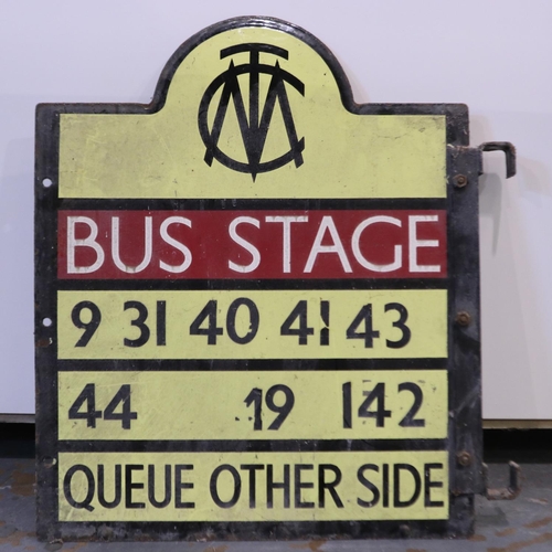 408 - Manchester corporation transport bus stop sign, 9,31, 40 and 41 main stop numbers, H: 58 cm.  Not av... 