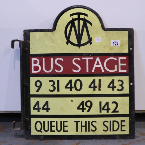 408 - Manchester corporation transport bus stop sign, 9,31, 40 and 41 main stop numbers, H: 58 cm.  Not av... 