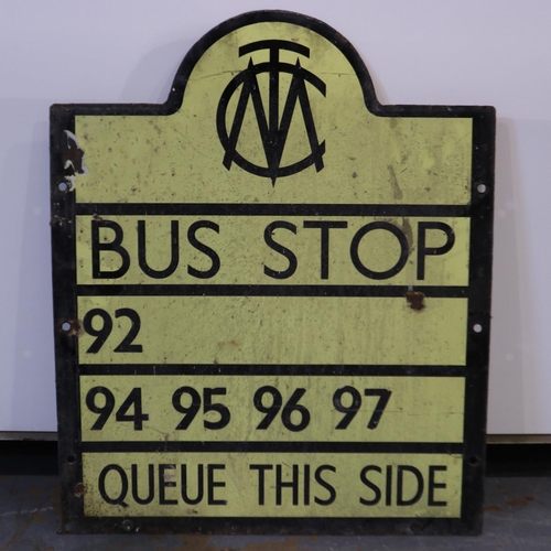 409 - Manchester corporation transport bus stop sign, 92 main stop number, H: 58 cm.  Not available for in... 