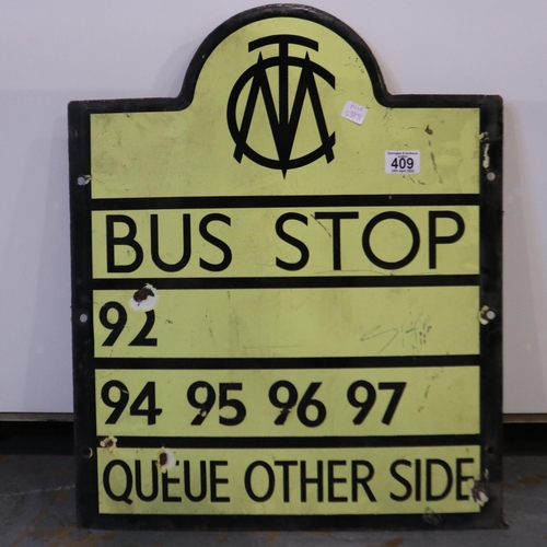 409 - Manchester corporation transport bus stop sign, 92 main stop number, H: 58 cm.  Not available for in... 