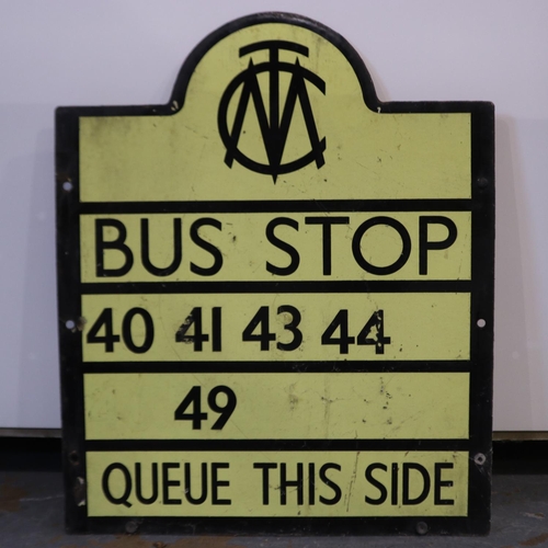 410 - Manchester corporation transport bus stop sign, 40,41,43 and 44 main stop numbers, H: 58 cm.  Not av... 