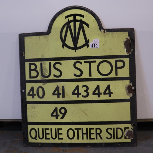 410 - Manchester corporation transport bus stop sign, 40,41,43 and 44 main stop numbers, H: 58 cm.  Not av... 