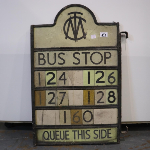 411 - Manchester corporation transport bus stop sign, 124 and 126 main stop numbers, H: 58 cm.  Not availa... 