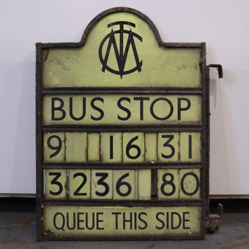 412 - Manchester corporation transport bus stop sign, 9,16 and 31 main stop numbers, H: 58 cm.  Not availa... 