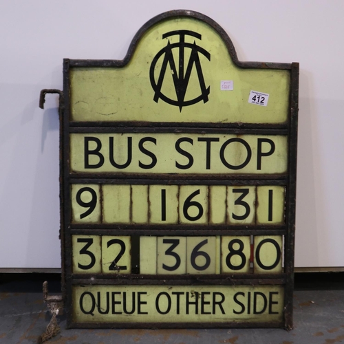 412 - Manchester corporation transport bus stop sign, 9,16 and 31 main stop numbers, H: 58 cm.  Not availa... 