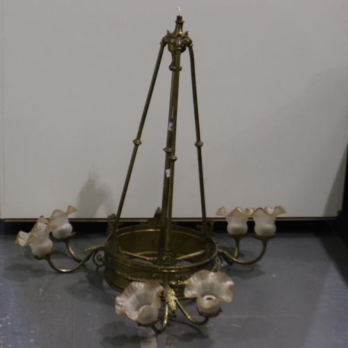 418 - Brass light fitting with shades and rose. H: 87cm. No damage to shades but dirty, unsure if anything... 