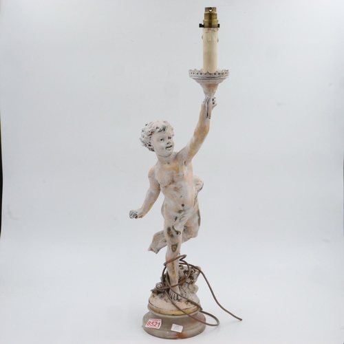 419 - Ceramics cupid lamp on alabaster socle base, H: 77 cm. Not available for in-house P&P