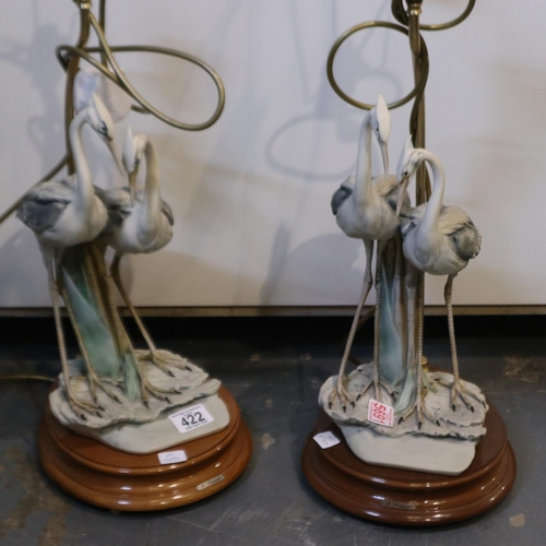 422 - Pair of bedroom lights with shades including pair of Heron figurines total H: 79 cm. All electrical ... 