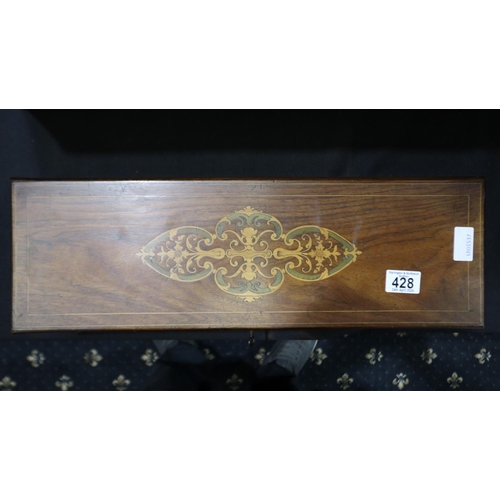428 - Music box in an inlaid walnut case, L: 63 cm. Multiple scratches to lid, lock stiff but works, hinge... 