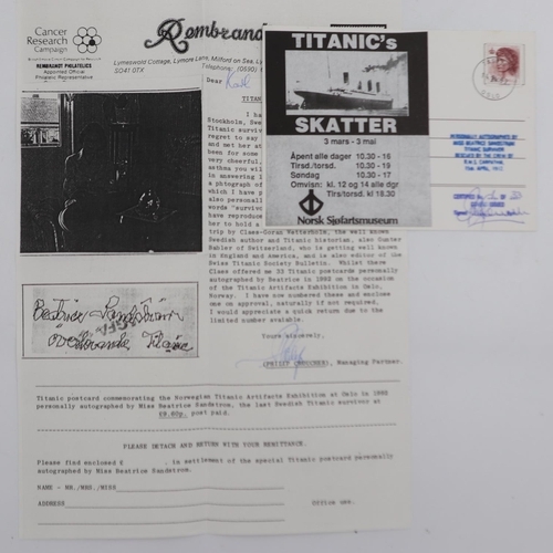 177 - Norwegian Titanic postcard autographed by Titanic survivor Ms Beatrice Sandstrom. UK P&P Group 1 (£1... 